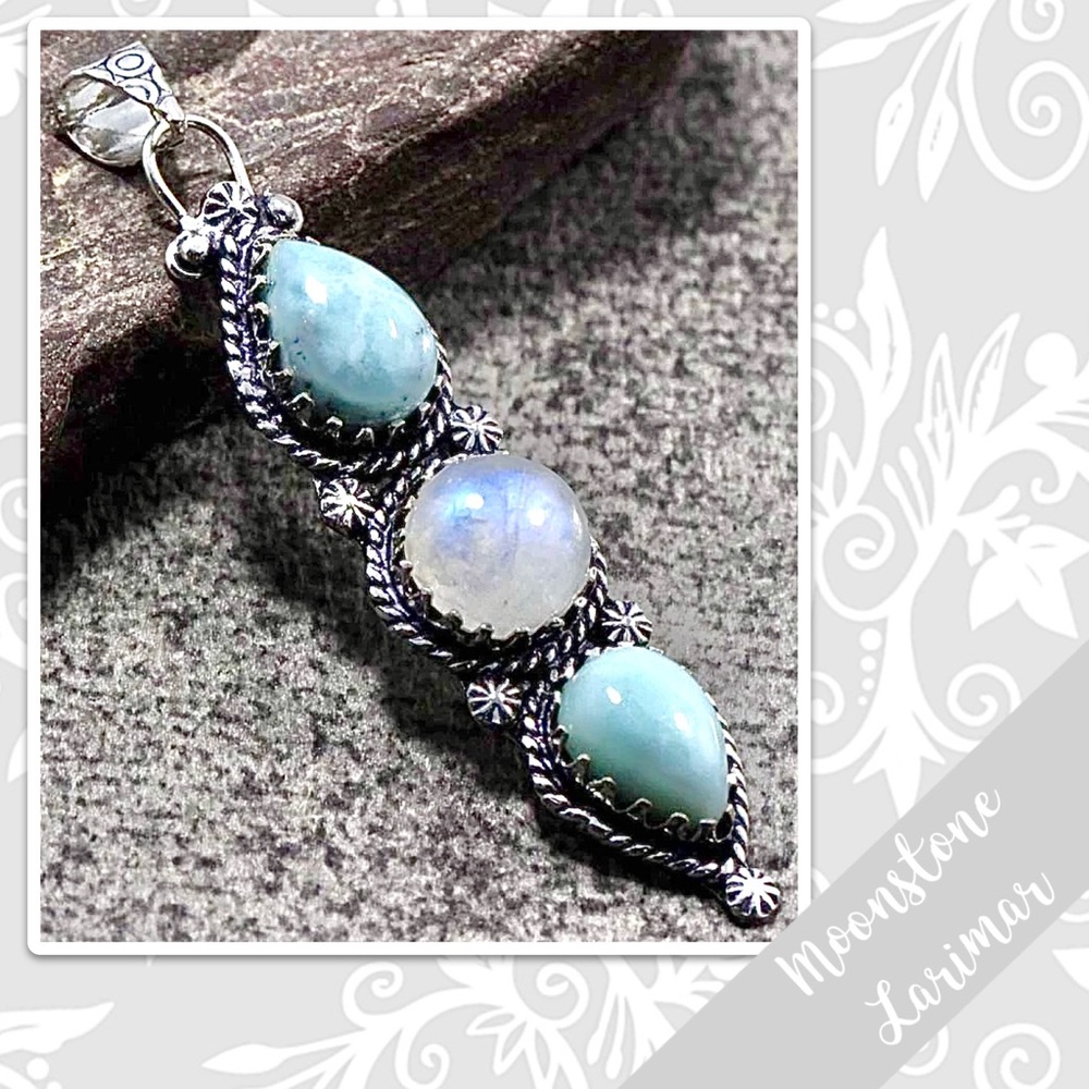 Rainbow Moonstone, Larimar Southwest-Style Silver Artisan Pendant 3” (Aqua Blue)